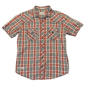 7 Diamonds Mens Plaid Western Snap Button Shirt Red Black Short Sleeve Size L
